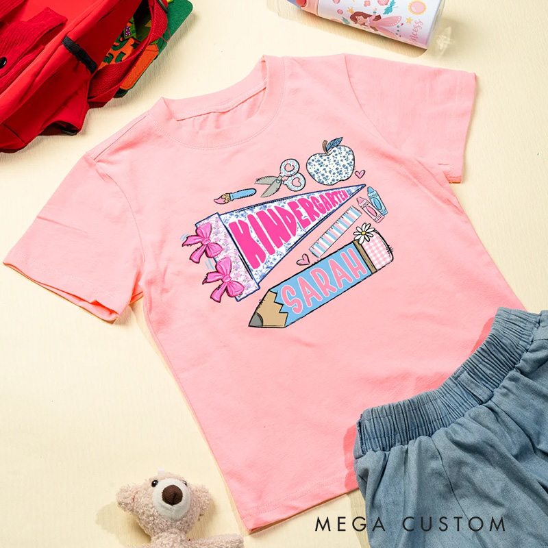 Personalized Pencil Apple Scissors Crayon Pennant Kid T-Shirt with Name and Grade Back to School Birthday Gift for Boys Girls