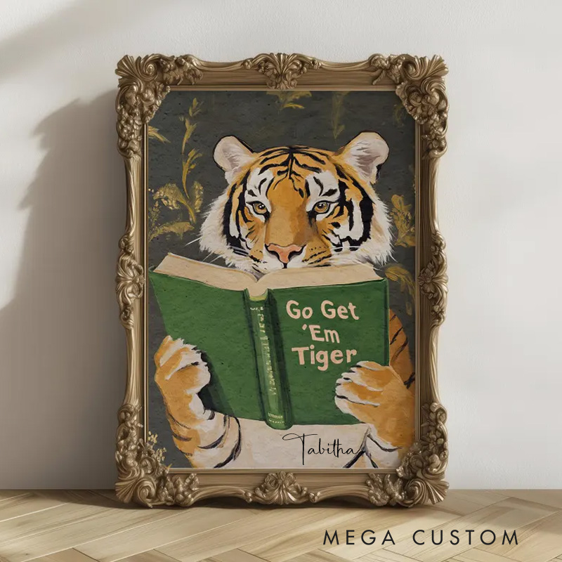 Personalized Motivational Tiger Reading Print with Name Bookworm Wall Art for Library Print Wall Decor Book Lover Office Home Decor