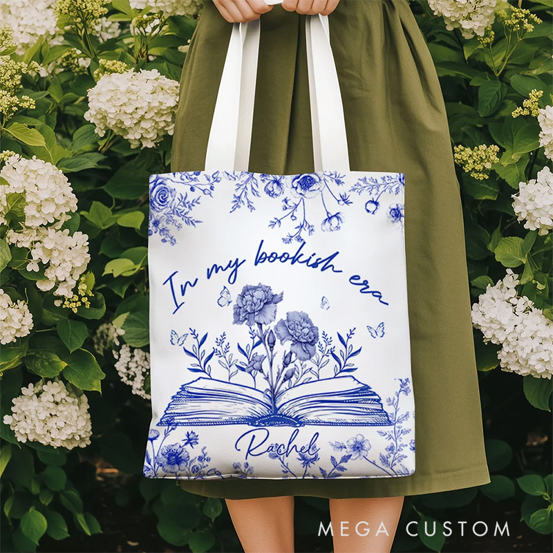 Personalized in My Bookish Era Toile Tote Bag Birth Flower Canvas Bag with Name Birthday Gift for Reading Lover Bookworm Bookish Gift