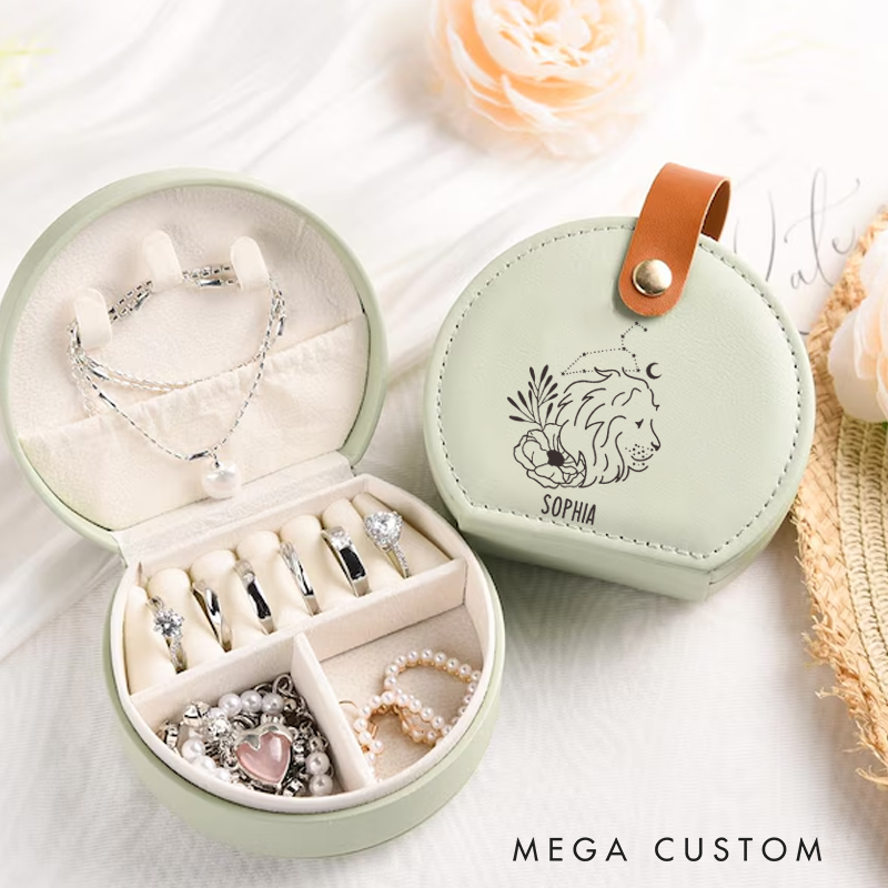 Personalized Leather Jewelry Box With Name Zodiac Signs Gifts for Women Jewelry Travel Case Jewelry Organizer Box