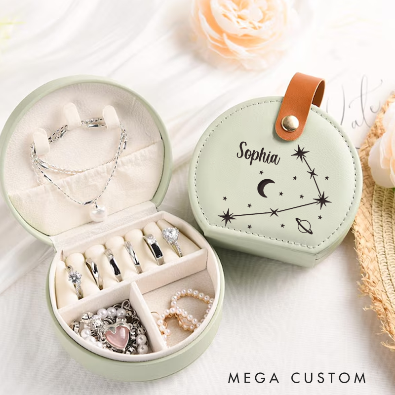 Personalized Leather Jewelry Box With Name Zodiac Signs Gifts for Women Jewelry Travel Case Jewelry Organizer Box