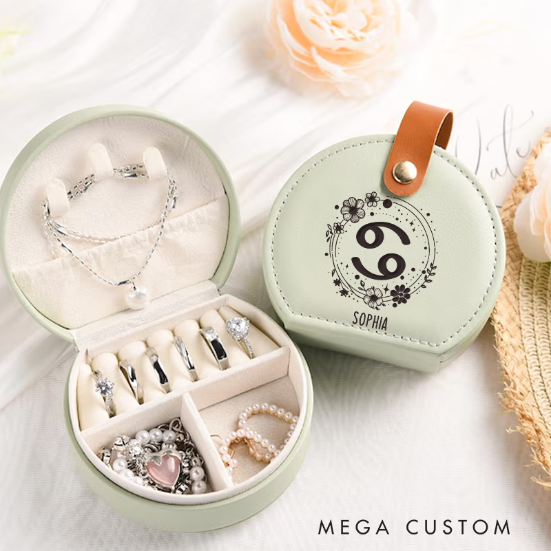 Personalized Leather Zodiac Sign Jewelry Case Zodiac Moon Gift Zodiac Leather Travel Case Gift for Her
