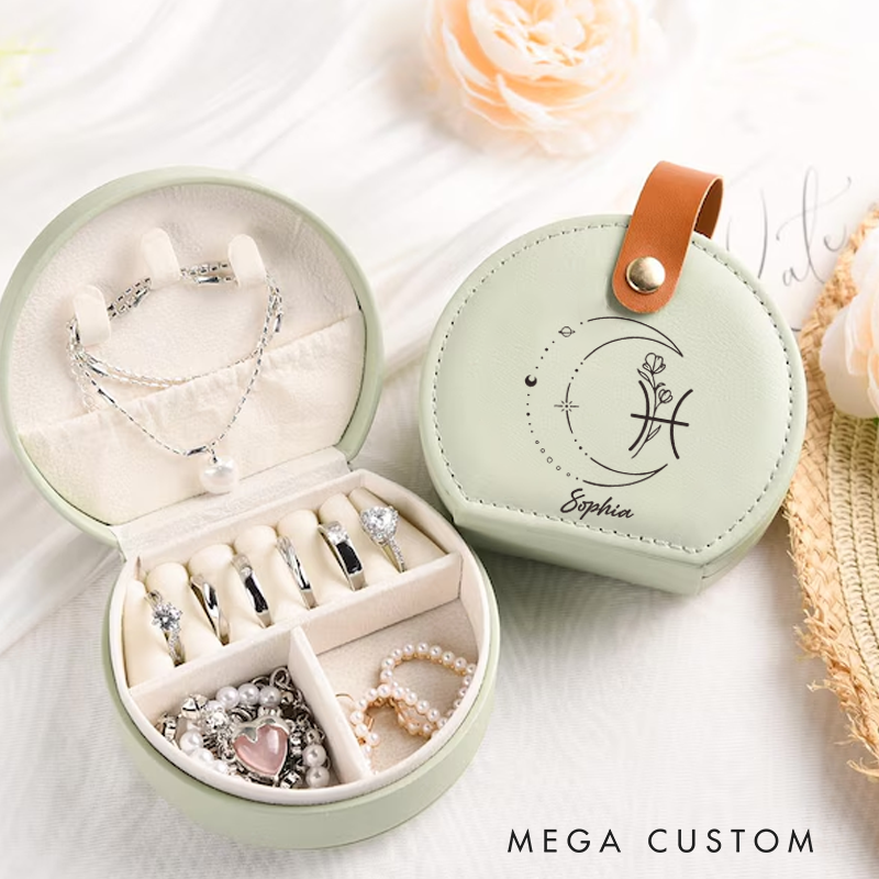 Personalized Leather Zodiac Sign Jewelry Case Zodiac Moon Gift Zodiac Leather Travel Case Gift for Her