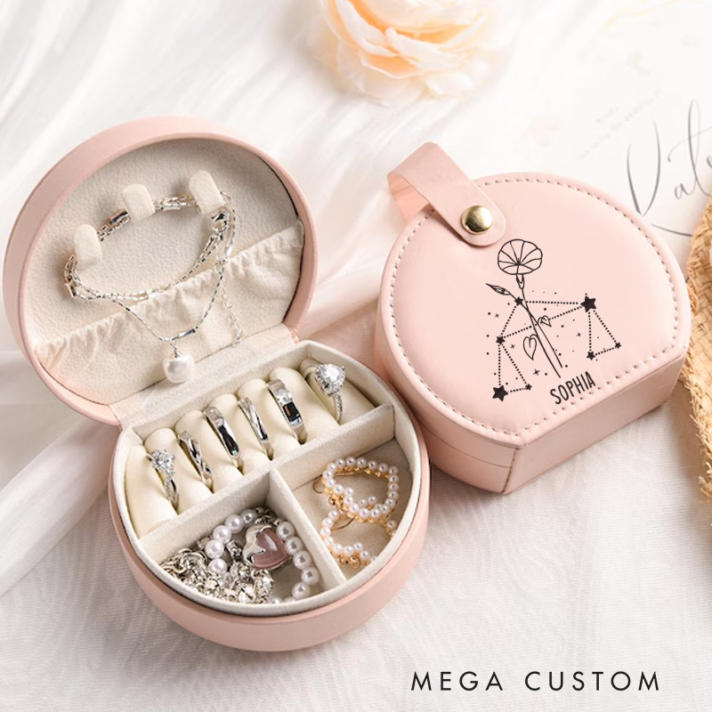 Personalized Zodiac Sign Jewelry Case Zodiac Moon Gift Zodiac Leather Travel Case Gift for Her Astrology Jewelry Box