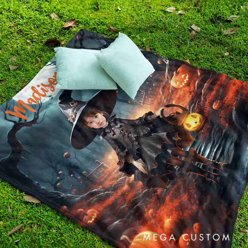 Personalized Witch Photo Blanket Custom Halloween Blanket