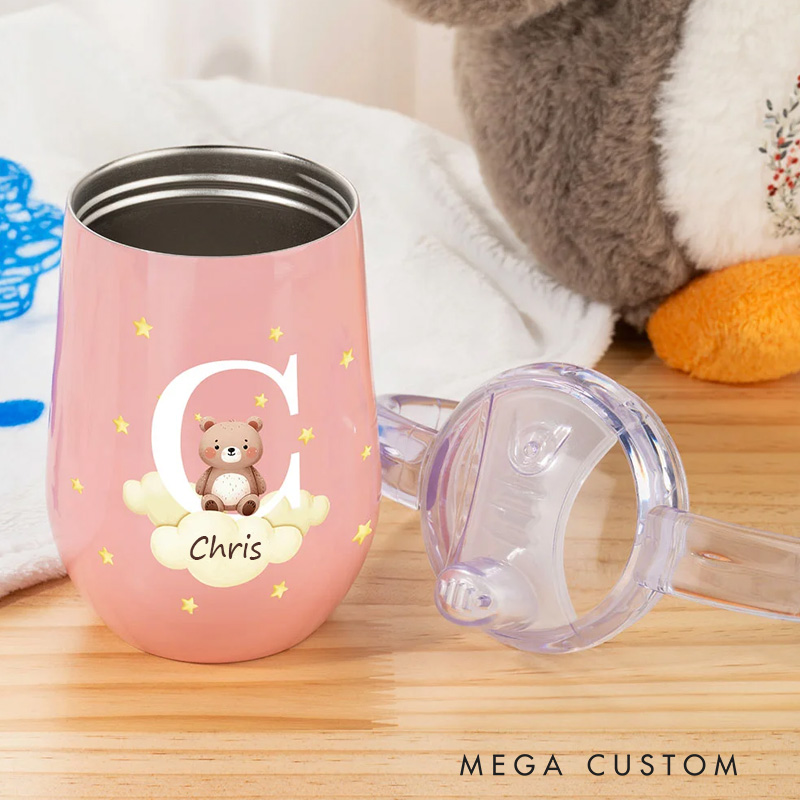 Personalized Initial Forest Animals Insulated Name Sippy Cup with Lid and Handle Birthday Baby Shower Back to School Gift for Toddler Kids