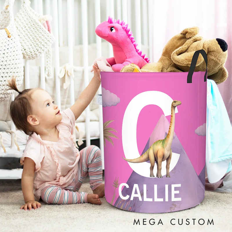 Personalized Cute Dinosaur Large Waterproof Name Initial Laundry Storage Basket with Handle Birthday Gift for Boys Girls