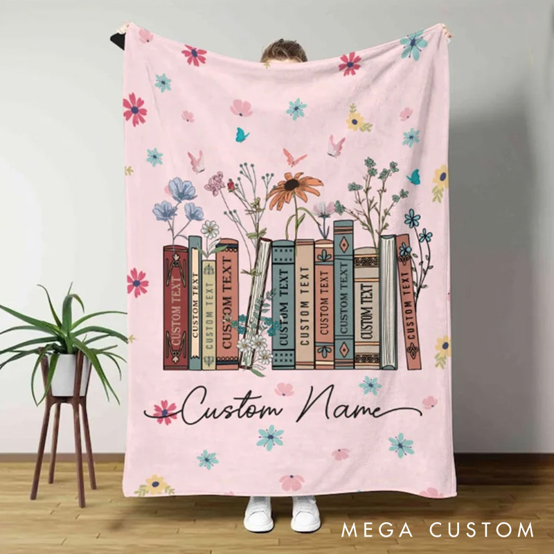 Personalized Floral Book Throw Blanket Custom Books and Name Library Blanket Bookish Blanket with Name Book Lover Gift Librarian Gift