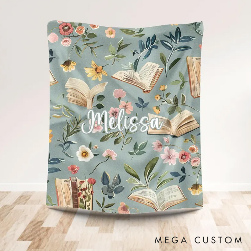 Personalized Floral Book Throw Blanket Custom Reading Nook Blanket with Name Books Reading Blanket Book Lover Gift Librarian Gift