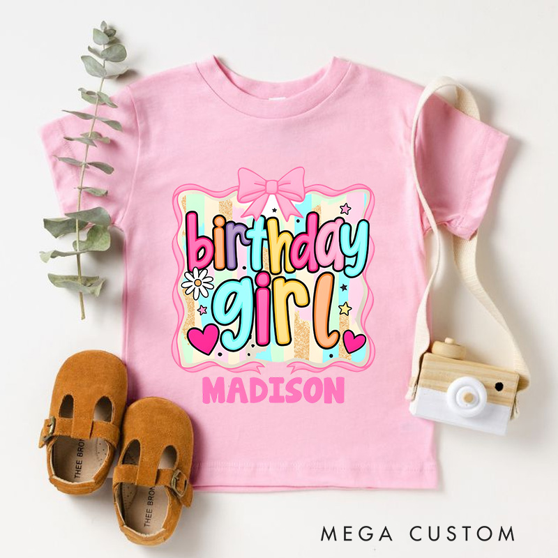 Personalized Birthday Girl Kids T-Shirt with Bright Colors and Fun Bow Design for Celebratory Style