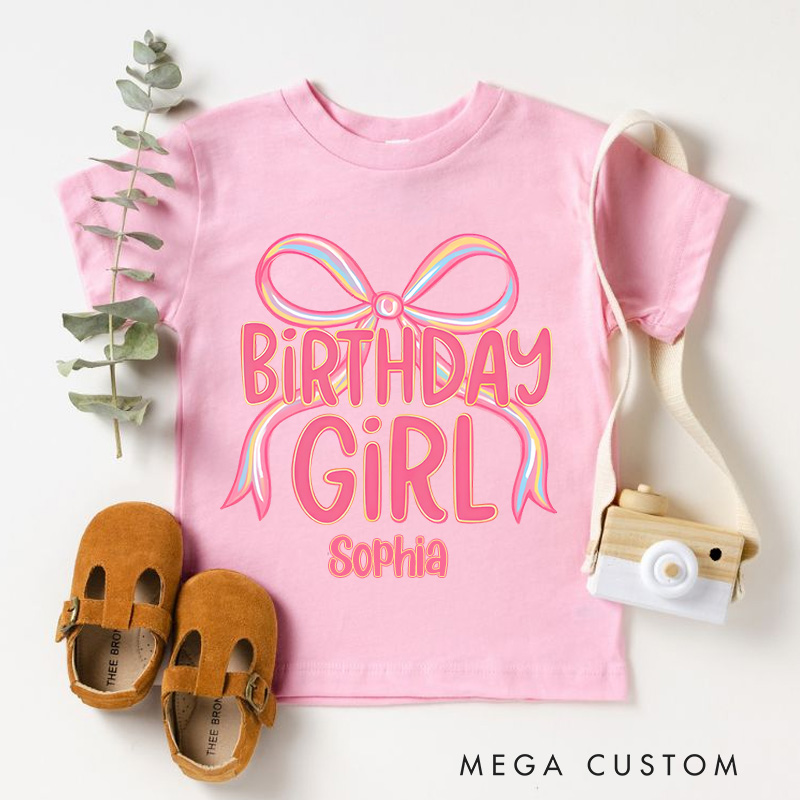 Personalized Birthday Girl Kids T-Shirt with Pink Bow and Bold Lettering for a Stylish Celebration