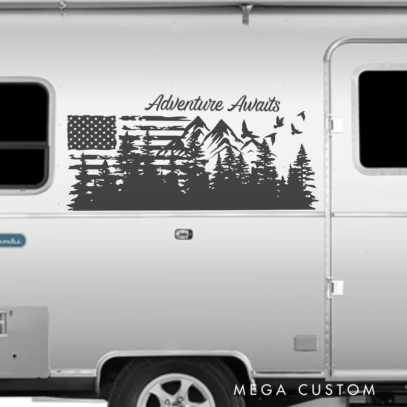 Personalized Camper Rv Decal Custom American Flag Decal Adventure Awaits Sticker Rv Graphic Camper Sticker Gift for Outdoor Enthusiasts