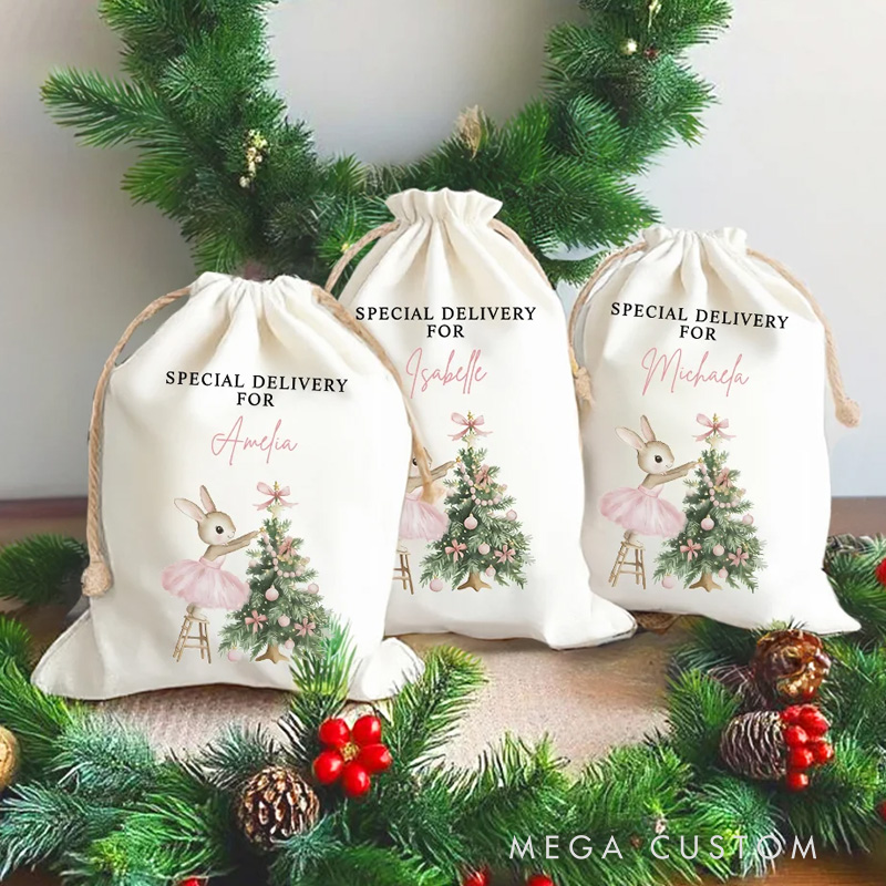 Personalized Christmas Tree Cute Pink Rabbit Santa Sack Gift Bag with Name Christmas Party Favors