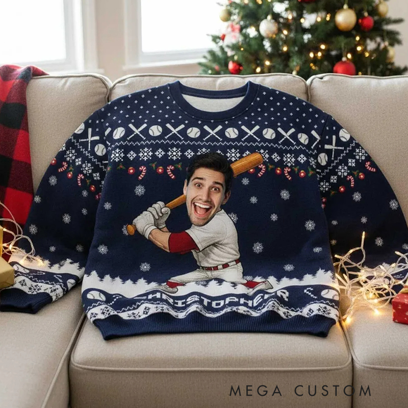 Personalized Baseball Christmas Ugly Sweatershirt with Custom Face and Name  