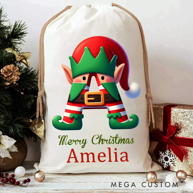 Personalized Christmas Tree Snowman Elf Igloo Drawstring Canvas Gift Bag with Name Initial Christmas Party Favors Gift