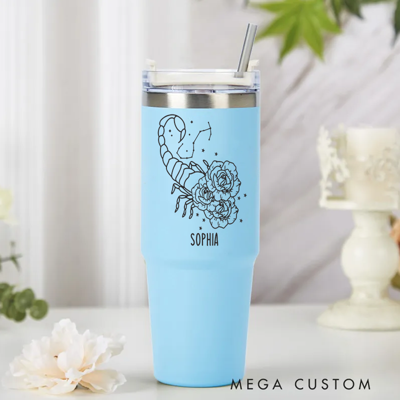 Personalized Stainless Steel Cup with Straw Custom Insulated Tumbler With Zodiac Signs Custom Insulated Tumbler With Name Birthday Gift