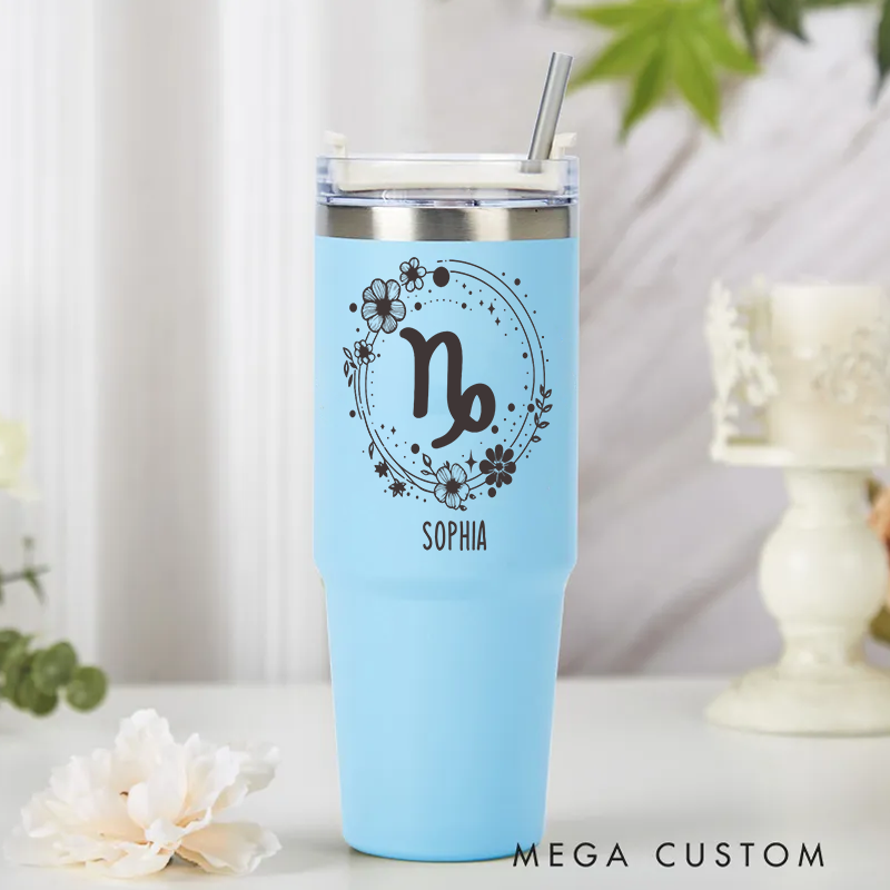 Personalized Stainless Steel Cup with Straw Custom Insulated Tumbler With Zodiac Signs Custom Insulated Tumbler With Name Birthday Gift