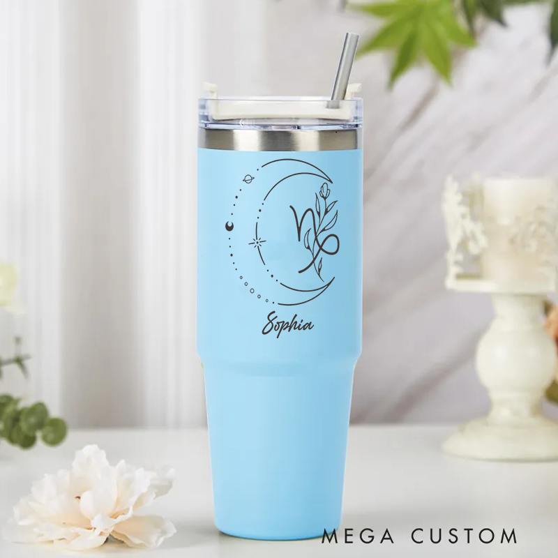 Personalized Stainless Steel Cup with Straw Custom Insulated Tumbler With Zodiac Signs Custom Insulated Tumbler With Name Birthday Gift