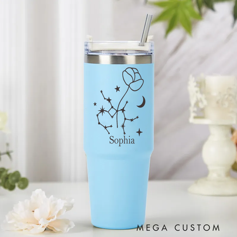 Personalized Stainless Steel Cup with Straw Custom Insulated Tumbler With Zodiac Signs Custom Insulated Tumbler With Name Birthday Gift