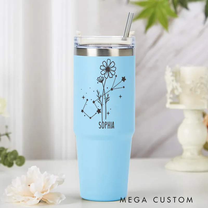 Personalized Stainless Steel Cup with Straw Custom Insulated Tumbler With Zodiac Signs Custom Insulated Tumbler With Name Birthday Gift