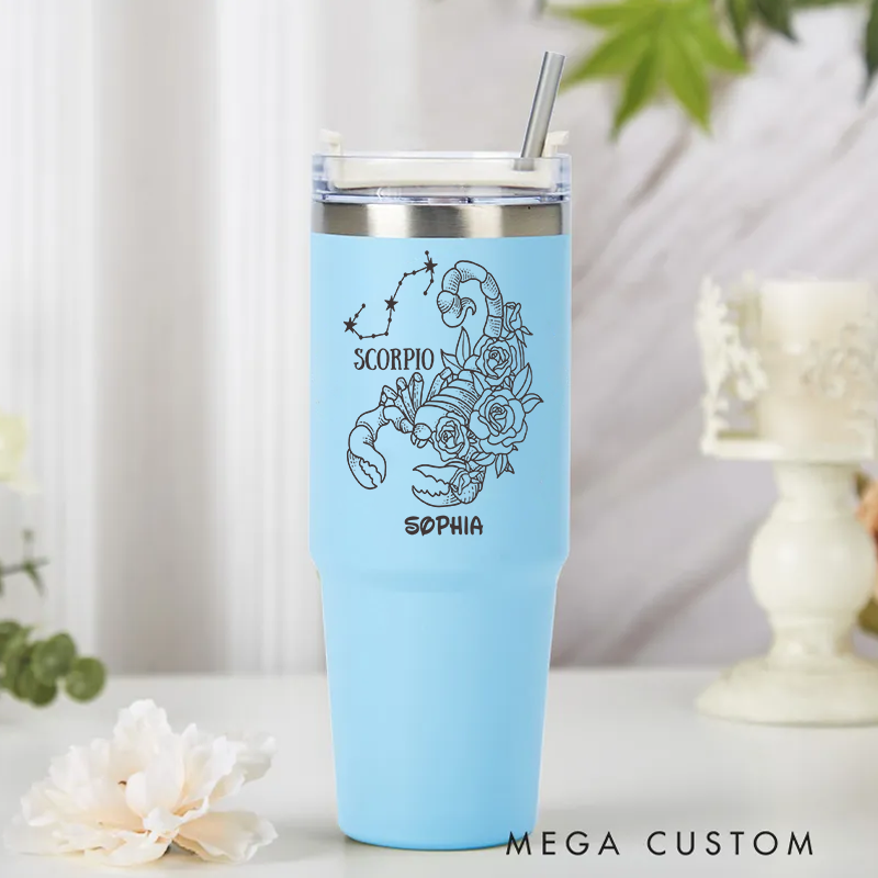 Personalized Floral Zodiac Iced tainless Steel Cup with Straw Custom Insulated Tumbler With Name Birthday Gift Horoscope Cups Astrology