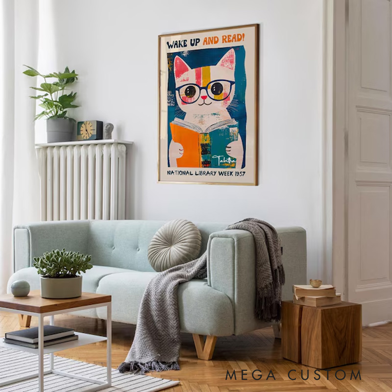 Personalized Wake Up and Read Print with Name National Library Wall Art Cat Reading Poster Book Lover Office Home Decor Book Lover Gift