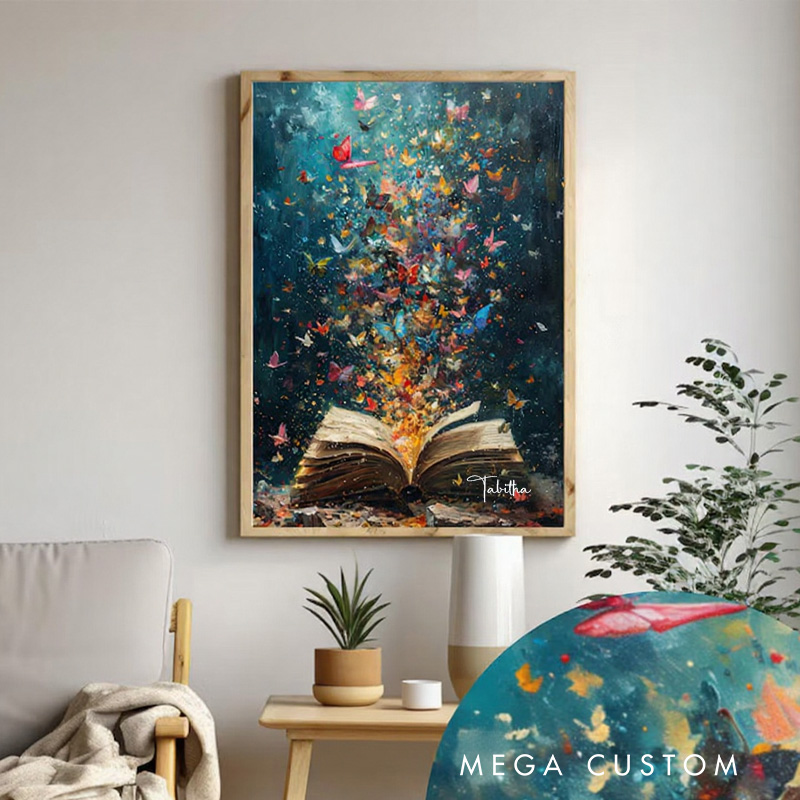 Personalized Book Art Print with Name Reading Painting Print Cat Reading Wall Art Librarian Bookish Gift Book Lover Gift