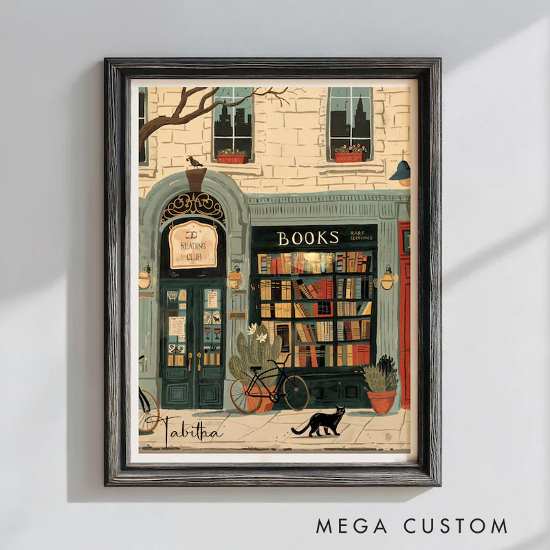 Personalized Bookstore Wall Print with Name Cozy Bookshop Illustration Wall Art Library Wall Decor Reading Nook Poster Book Lover Gift