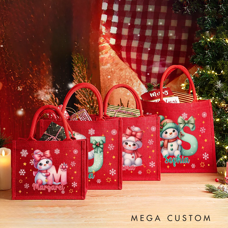 Personalized Cute Cartoon Snowman Large Jute Tote Bag with Name and Initial Party Favors Christmas Gift