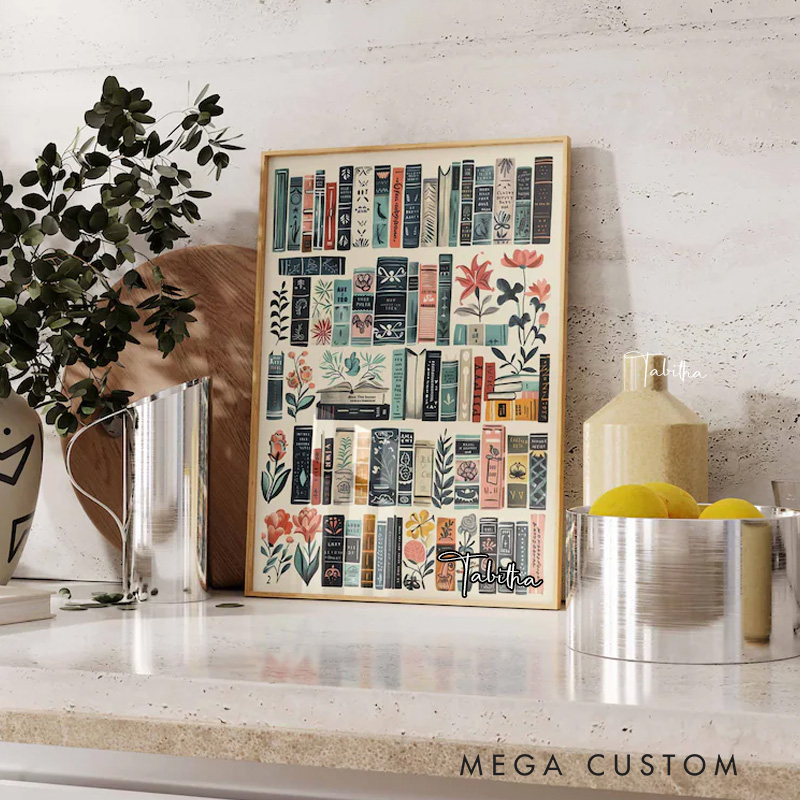 Personalized Vintage Library Wall Art with Name Book Flower Art Reading Poster Decor Retro Library Wall Art Book Lover Gift Bookish Gift
