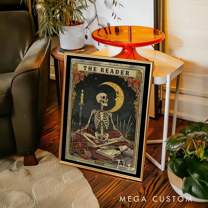 Personalized the Reader Tarot Print with Name Skeleton Reader Tarot Card Wall Art Witchy Reading Nook Art Book Lover Gift Bookish Gift