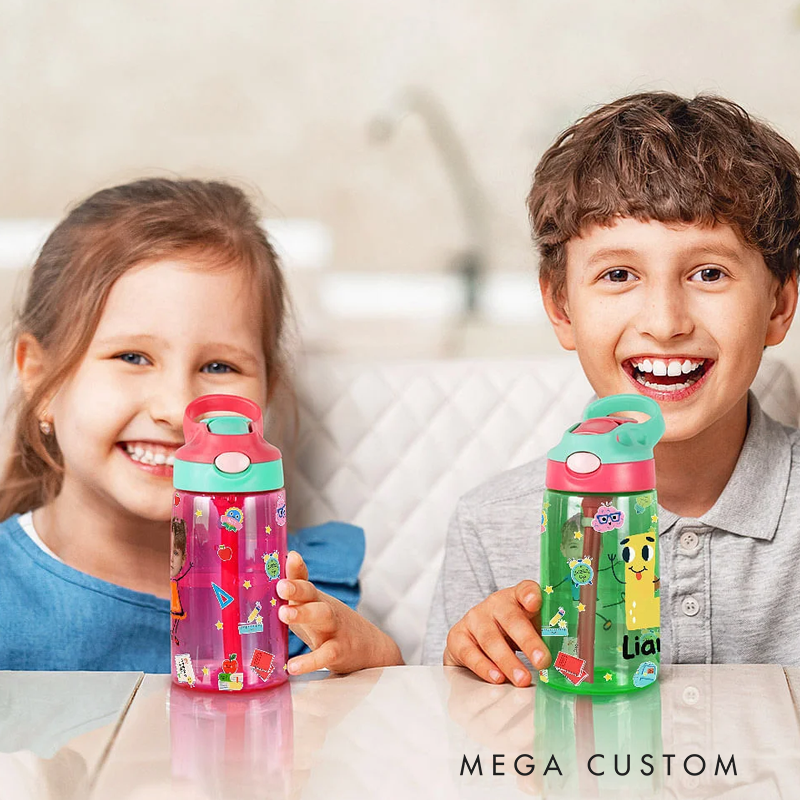 Personalized Colorful Cartoon Photo Name 16oz Kid's Water Bottle with Silicone Straw and Handle Birthday Back to School Gift for Boys Girls
