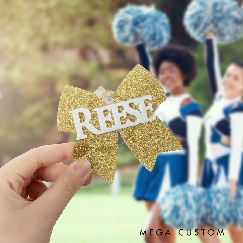 Personalized Cheerleading Glitter Bow Keychains with Custom Name Design