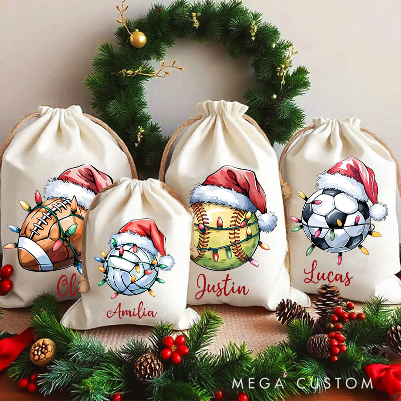 Personalized Sports Christmas Sack with Festive Lights and Custom Name