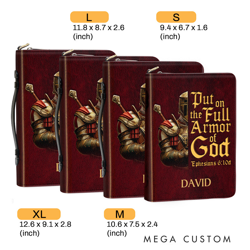 Personalized Full Armor of God Bible Verse PU Leather Bible Cover Case with Name and Carry Handle Ephesians 6:10 Religious Gift God Gift