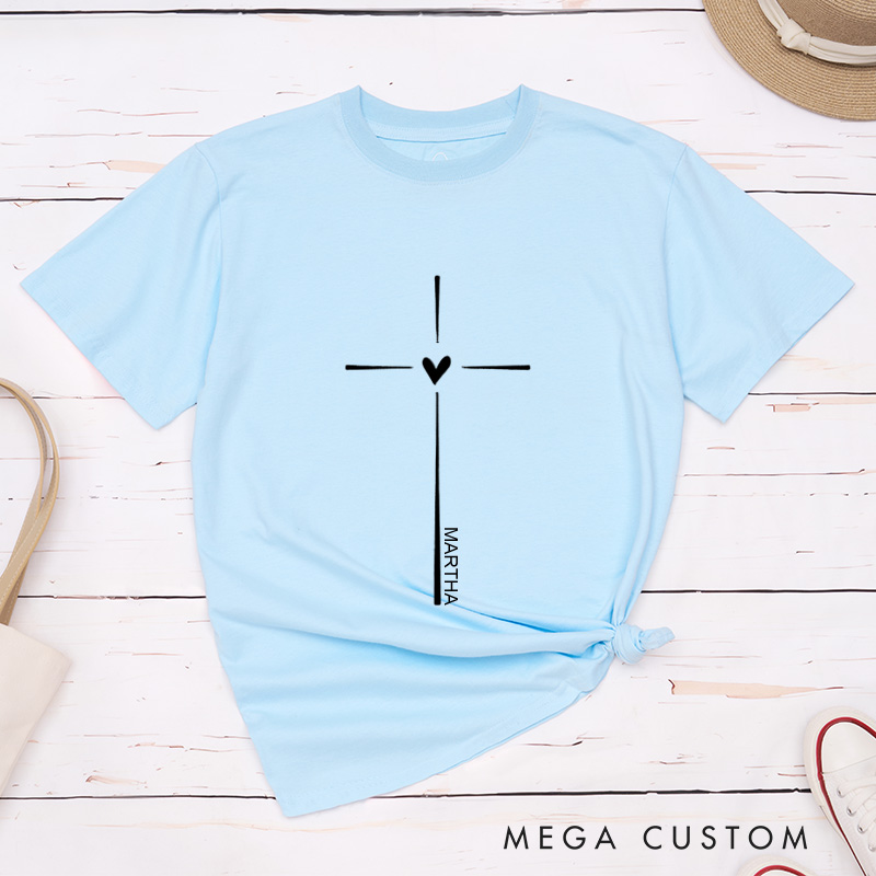 Personalized Vertical Cross with Heart Classic T-Shirt with Name Christian Women Shirt Jesus Clothing Religious Gift Faith Gift