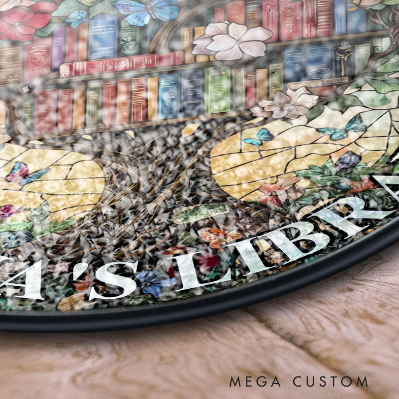 Personalized Library Tree Stained Glass Suncatcher Floral Bookshelf Window Decor with Name Home Library Art for Book Lover Gift Librarian Gift