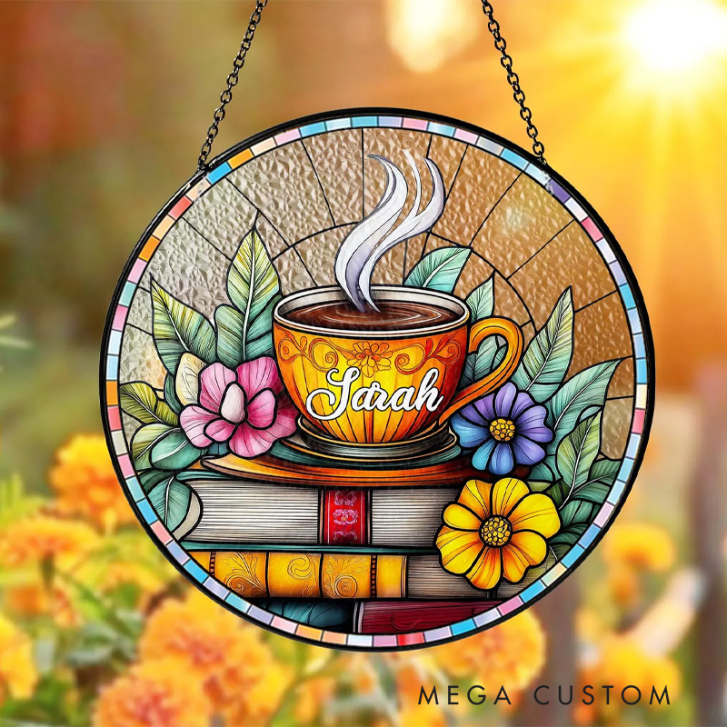 Personalized Floral Book Coffee Stained Glass Suncatcher Reading Suncatcher with Name Window Hanging Decor for Book Lover Gift Librarian Gift
