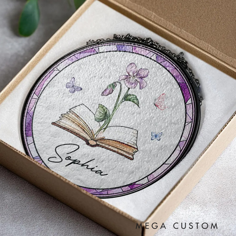 Personalized Birth Flower Book Stained Glass Suncatcher with Name Book Club Window Hanging Decor for Book Lover Gift Librarian Gift