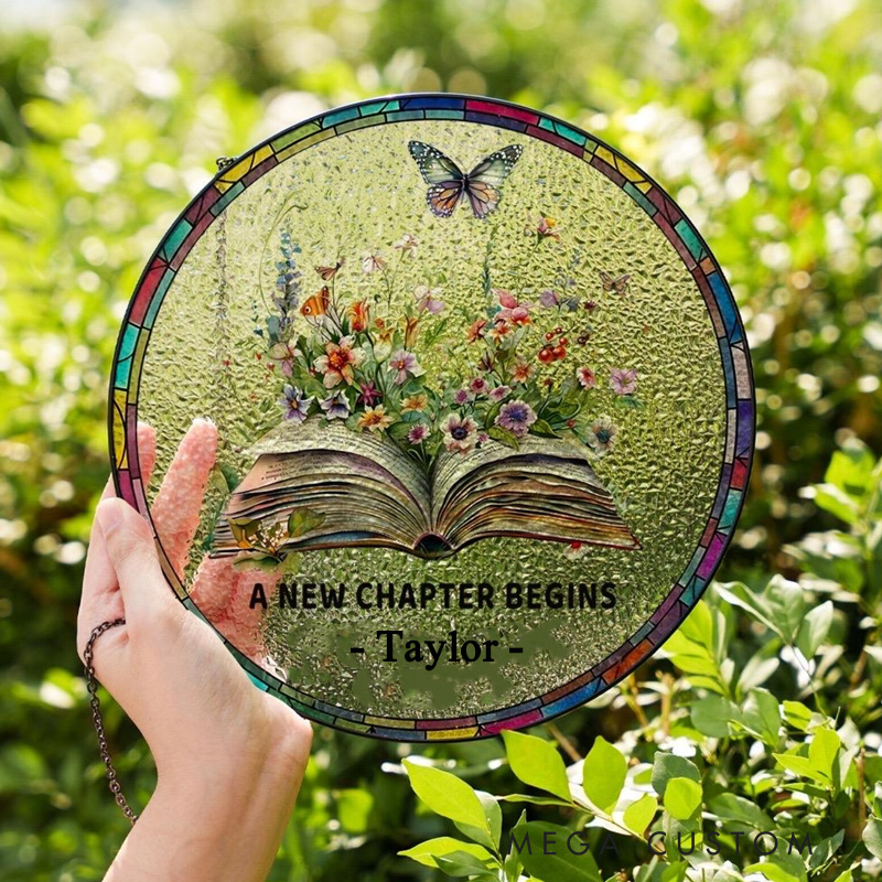 Personalized a New Chapter Begins Stained Glass Suncatcher with Name Floral Book Window Hanging Decor for Book Lover Gift Librarian Gift