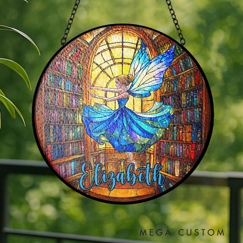Personalized Fairy Stained Glass Suncatcher with Name Bookish Bookshelf Window Hanging Book Club Decor for Book Lover Gift Librarian Gift