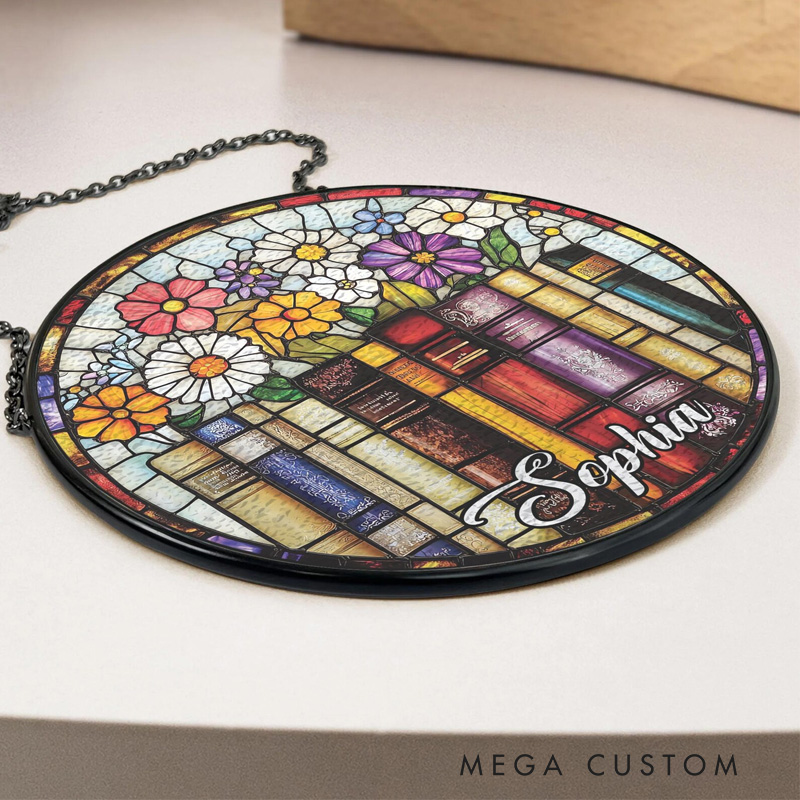 Personalized Flower Book Stained Glass Suncatcher Book Club Suncatcher Bookish Library Decor with Name for Book Lover Gift Librarian Gift
