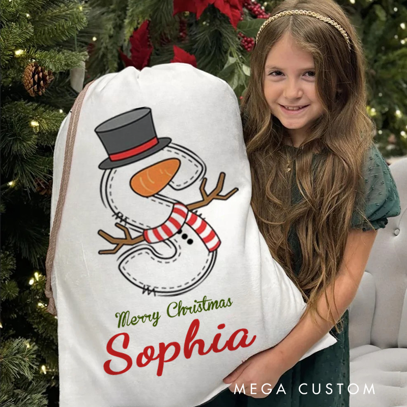 Personalized Cartoon Snowman Initial Santa Sack Drawstring Gift Bag with Name Merry Christmas Party Favors 