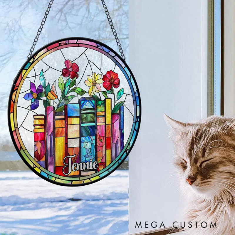 Personalized Floral Book Stained Glass Suncatcher Librarian Suncatcher with Name Bookish Window Decor for Book Lover Gift Librarian Gift