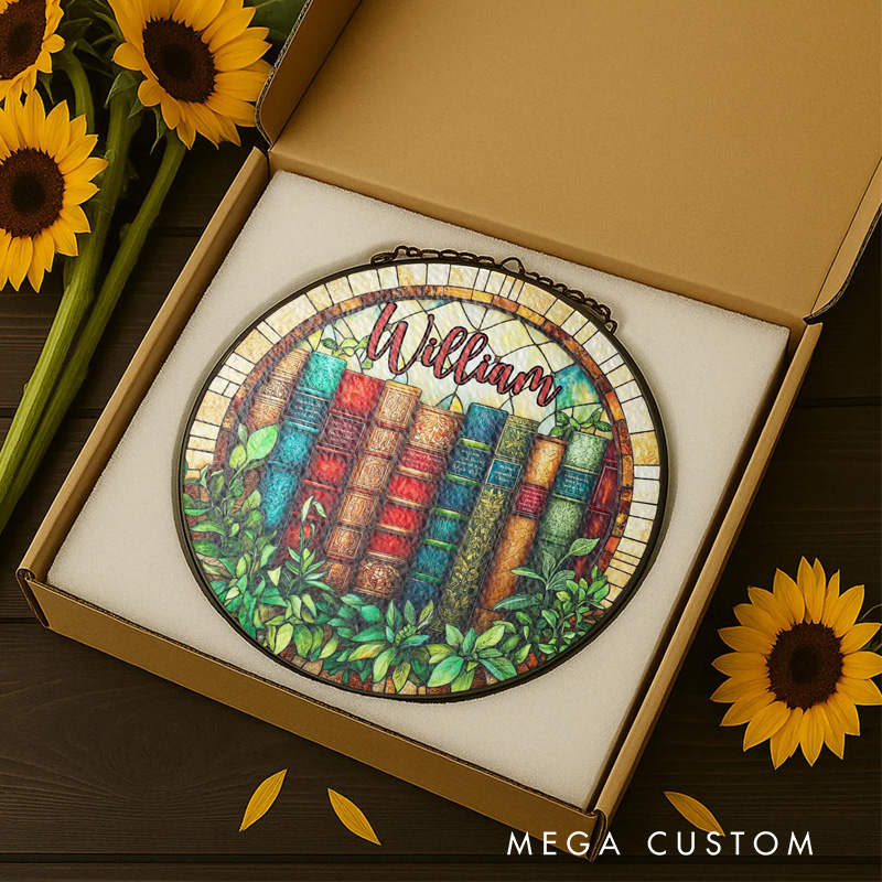 Personalized Vintage Book Stained Glass Suncatcher Library Window Art with Name Bookish Window Hanging for Book Lover Gift Librarian Gift