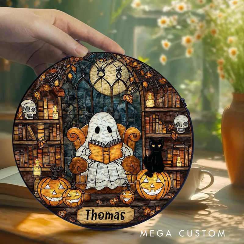Personalized Ghost Reading Book Stained Glass Suncatcher Ghost Gothic Halloween Window Decor with Name for Book Lover Gift Librarian Gift