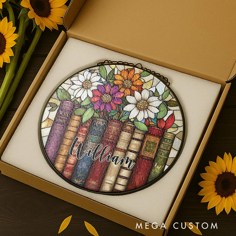Personalized Flower Book Stained Glass Suncatcher Faux Glass Window Hanging Decor with Name for Book Lover Gift Librarian Gift