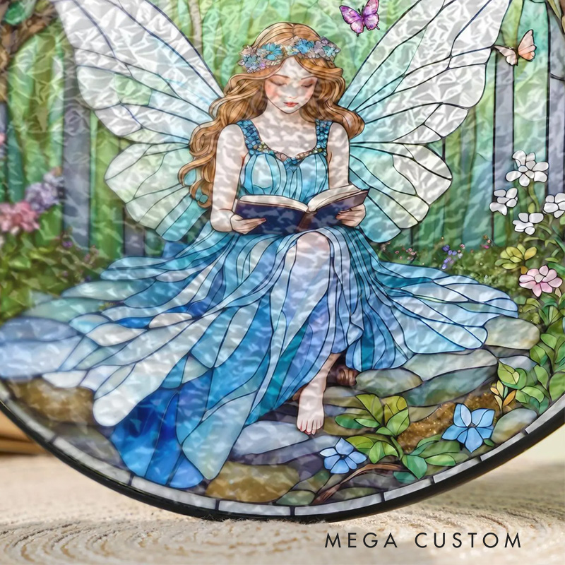 Personalized Butterfly Fairy Reading Book Stained Glass Christmas Fairy Window Hanging Decor with Name for Book Lover Gift Librarian Gift