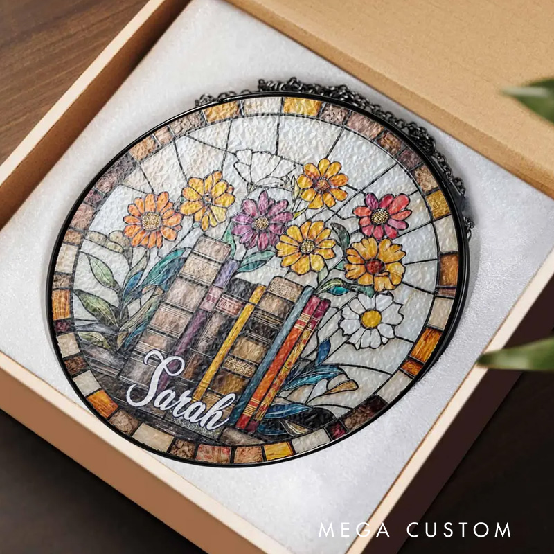 Personalized Book Lover Stained Glass Suncatcher Floral Book Window Hanging with Name Bookish Suncatcher for Book Lover Gift Librarian Gift