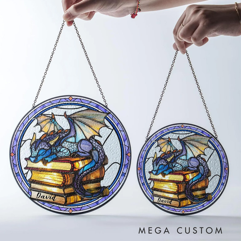 Personalized Book Dragon Stained Glass Suncatcher Fantasy Dragon Window Hanging Bookish Art Decor for Book Lover Gift Librarian Gift